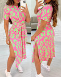 Fongt Round Neck Short Sleeve Slit A-Line Dress Tie Print Women's