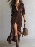 Fongt 2025 Fashion Button Folded Velvet Long-Sleeved Shirt Dress