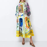 Fongt Women's Retro Printed Lantern Sleeves Waist Swing Dress