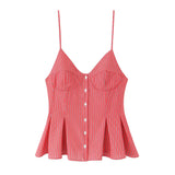 Fongt New Women's Dress V-Neck Buckle Solid-Colored Folded Slings Top Women's Style