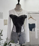 Spice Girls Design Sense Net纱 Stitched With Denim Blouse Long-Sleeved Bottom Shirts To Dress Short Niche T-Shirt