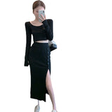 Fongt New Suit Hottie Exposed Umbilled Long-Sleeved Top + High Waist Open Half-Body Bag Skirt Two