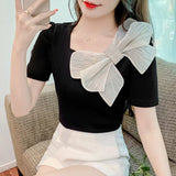 Fongt Shot Summer New Square Collar Short Sleeve Bow Bubble Sleeve Design Sense Joker Head Shirt Jacket-Outfit