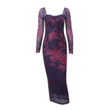 Fongt Women's Fall 2023 New Sexy Retro Print Lace Strap Slim Slit Long Sleeved Dress