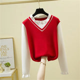 Women Knitted Sweater Female Ruffle Collar Long Sleeve Preppy Style Fake Two Piece Pullovers Slim Fitting Splicing Jumper