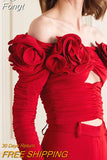2023 New Women's Red Black Short Off Shoulder Stretch Sexy Pleated Hollow out Flower Top Long Sleeve Off Shoulder