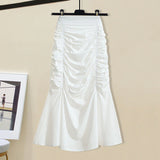Women Summer French Vintage Two Pieces Set Korean Puff Sleeve Fake Two Piece Patchwork Tops And Draped Bodycon Mermaid Skirt