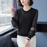 Chiffon Lace Patchwork Knitted Pullovers Women Spring Casual Loose Lantern Sleeve Knitwear Fashion Hollow Out Korean