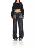 Fongt New Niche Design Contrast Jeans Women's High Street Blue Fur Mop Wide Leg Pants-Outfit