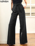 Solid Color Pants 2023 VONDA Women Casual High Waist Zipper Long Trousers Wide Leg Pants Palazzo Pants Pantalon Femme 1028-0-Outfit