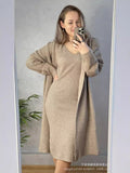 Fongt New Solid V-Neck Jacket Dress + Sweater Cardigan Hot Elegant Knitted Set
