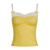Fongt Storm Point Print Lace Spliced Bow Sling Sling Vest Hottie Sexy Bare Back Short Shirt