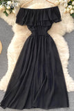 Women Casual Dress Double Layer Ruffled Off Shoulder Slash Neck Chiffon Dresses Woman Summer Midi Dress Vestidos