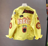 / Yellow Jeans Jacket New Spring Autumn Women's Graffiti Alphabet Printing Lace Bow Pin Hole Denim Jacket Student Basic