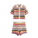 Fongt Autumn New Striped Printed Short Sleeve Clip Sleeve Casual Shorts Striped Knitted Sling Vests