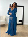 Fongt 2025 Elegant Splicing Long-Sleeved V-Neck Dress Women's Dress