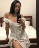 Retro Stitching Wood ears Lace Cross Lacing up Short Sleeve Short Dress Woman White French Mini Dresses
