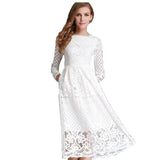 Fongt 2025 New Women's Dress Round Collar Hollow Simple Lace Long Sleeves Medium Long