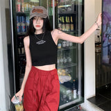 Letter Embroidery Ribbed Cropped Tank Top-Outfit