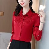Fongt Spring 2023 New Shirt High-End Satin Stitching Lace Long-Sleeved Shirt-Outfit