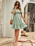 Fongt Leisure Spring And Summer New Women's Fresh V Collar Pure Color Lotus Leaf Sleeve Dress Women-Outfit