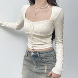 Solid Square Collar Cropped Top Women Sweet y2k Bandage Bow Stitched Full Sleeve T Shirt Vintage 2000s Coquette Aesthetic-Outfit