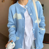 Female Cardigan Cute Print Clouds O Neck Loose Casual Lady Long Sleeve Knitted Cardigan Women Jacket Blue