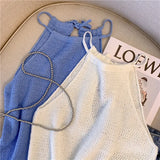 Fongt Ice Silk Knitted Sling Vest Women's Summer French Sweet Spicy Wind Hollow Hanging Neck Short Sleeveless Cut Shoulder Coat