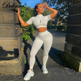 Solid Women Two Piece Set Short Sleeve Gym Top Crops Leggings Skinny Sporty Tracksuit 2021 Spring Summer Outfit