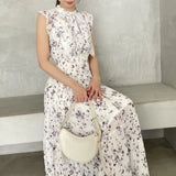Broken Flower Dresses Women Stand Collar Flying Sleeve Dress Spring Summer Vestidos Mujer Tunic Vestido Lace Up Bow Ropa-Outfit
