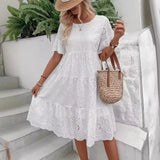 Fongt Fashion New Wish Hot Sale Solid Cotton Embroidery Lace Hollow Dress