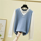 Women Knitted Sweater Female Ruffle Collar Long Sleeve Preppy Style Fake Two Piece Pullovers Slim Fitting Splicing Jumper