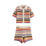 Fongt Autumn New Striped Printed Short Sleeve Clip Sleeve Casual Shorts Striped Knitted Sling Vests