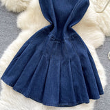 Fongt Small Fashion Sleeker-Less Round-Necked Denim Dress Women's Summer Waists Thin Temperament 100-Folded Vest Dress