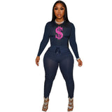 Solid Women Skinny Two Piece Sets Spring Bodycon Tracksuits Dollar Print Top And Leggings Pants 2pcs Outfits 2022