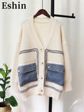 2024 Winter Denim Patchwork Knitting Cardigan For Women Loose V Neck Long Sleeve Design Y2K Sweater New Fashion Tops TH339-Outfit