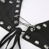 Dark Eyelet Mall Gothic Women Sexy Halter Tops Grunge E-girl Chain Strap Backless Camis Punk Black Pin Patchwork Crop