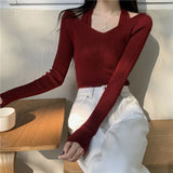 Fongt Up Spring And Autumn New Chic Sexy Chest Thin Hanging Neck Two Long-Sleeved Knitted Jersey Jersey Elastic