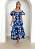 Fongt Summer New Bubble Sleeve Holiday Show Skinny Dress Babes High-Waisted Shoulder-Print Dress Dress Woman