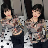 Vintage Mesh Print T-shirt for Women Summer Thin Sun Protection Tee Shirt Y2k E-Girl Long Sleeve Slim Fit Tops-Outfit