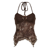 Fongt Women's Retro Print Irregularly Hanging Neck Vest Design Knitted Splicing Slingd Slings