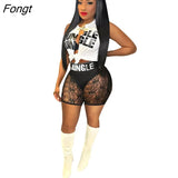 Letter Print Summer Two Piece Set Women Sleeveless Lace Up Crop Top See Through Lace Shorts Streetwear Club