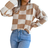 2025 Street Wind Hit The Color Lattice Long-Sleeved Knitted Sweater Women's