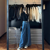 Fongt Kong Style Retro Blue A Word Big Horn Jeans Women Autumn And Winter High-Waisted Loose Lazy Feet Long Pants