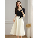 Fongt Collar Splicing Dress Women 2025 Summer Dress New Fashion Temperament Thin Design Small Bubble Sleeve Long Dress