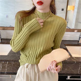 Fongt Winter Half-High Sweater Women Long Sleeve Pure Color Spring And Autumn Pit Stripe Loose Knitted Bottom