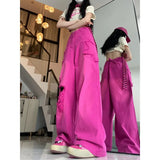 Fongt Street Rose Red Ripped Jeans Women Summer Thin Dopamine Wearing Hot Girl Straight Broad Leg Pants