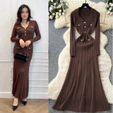 Fongt Fragrant High-End Feel Fashionable Doll Collar Long Sleeve Metal Buckle Waist Knitted Dress Women Autumn Slim Dress