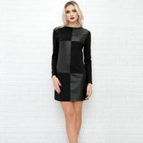 Vintage Leather Patchwork Party Dress Long Sleeve O neck Solid Sheath Elegant Casual Dress 2019 Winter New Fashion