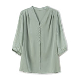 Women's Blouse Sleeve Top V-neck Summer 2021 New Shirt Silk Solid Color Beaded Fashion Casual Satin Korean Style Female